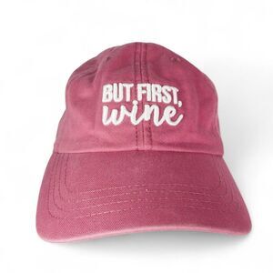 State of Mine "But First Wine" 5‎ Panel Strapback Hat Distressed Red OS